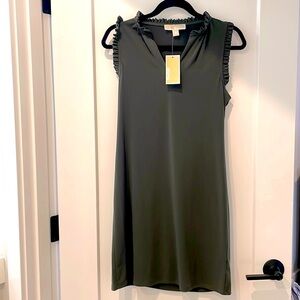 Michael Kors V neck ruffle detail olive green shift dress sleeveless NWT